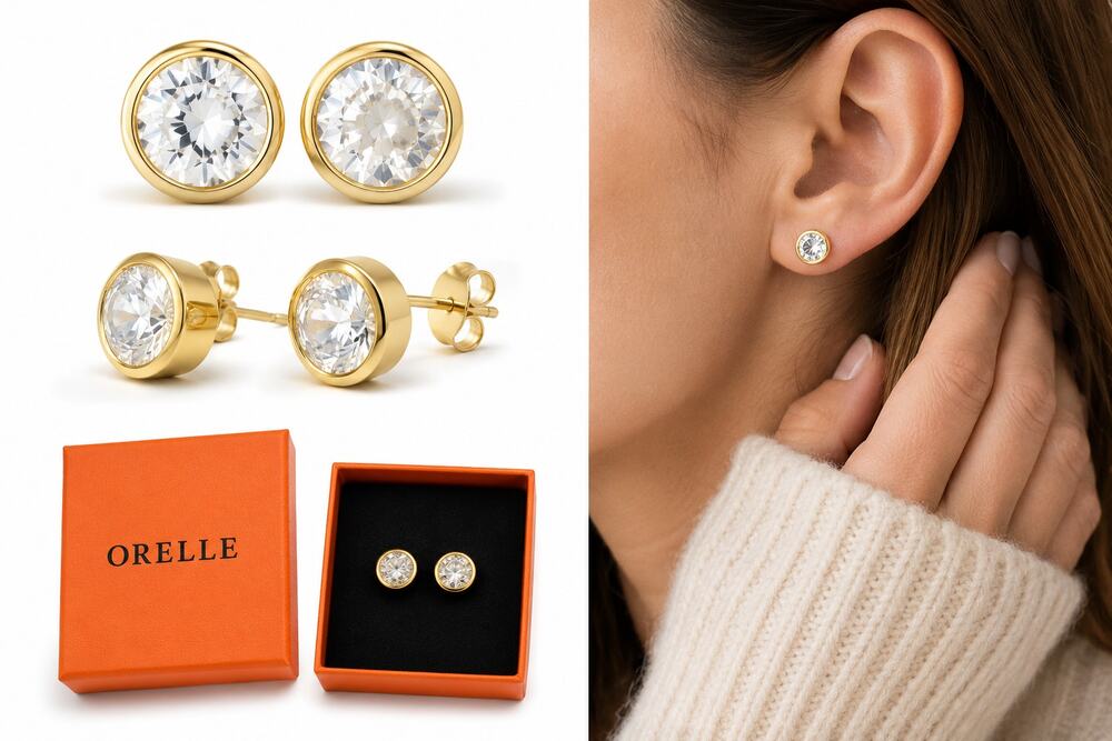 ORELLE Gold-Tone Round Clear Crystal Stud Earrings